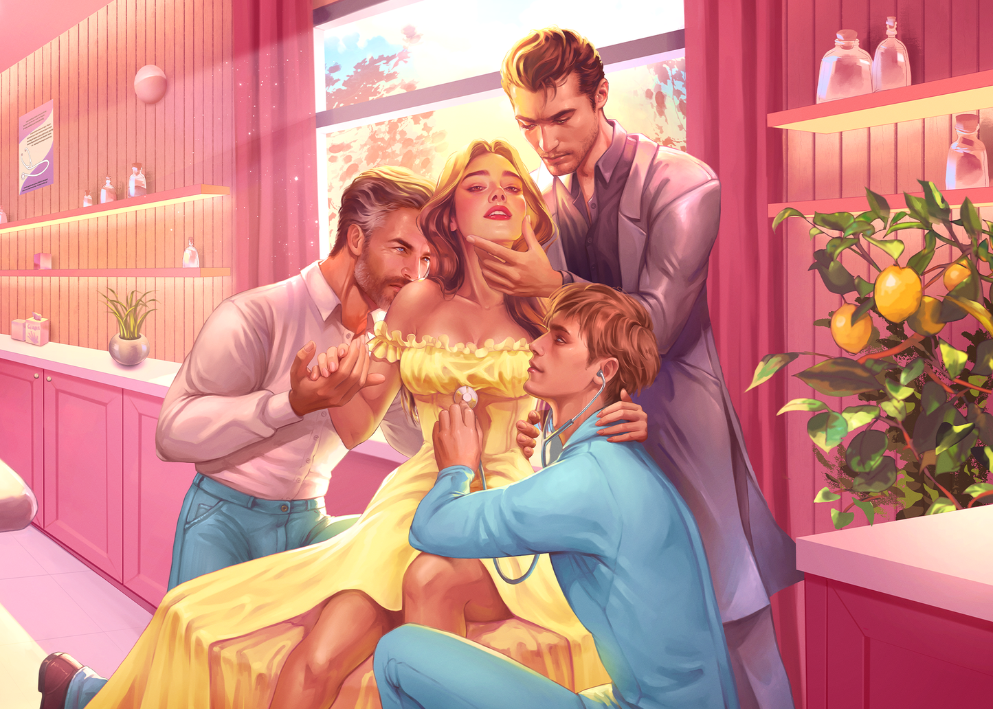 A pastel art print of the characters from Heat Clinic embracing in a clinch cover style pose