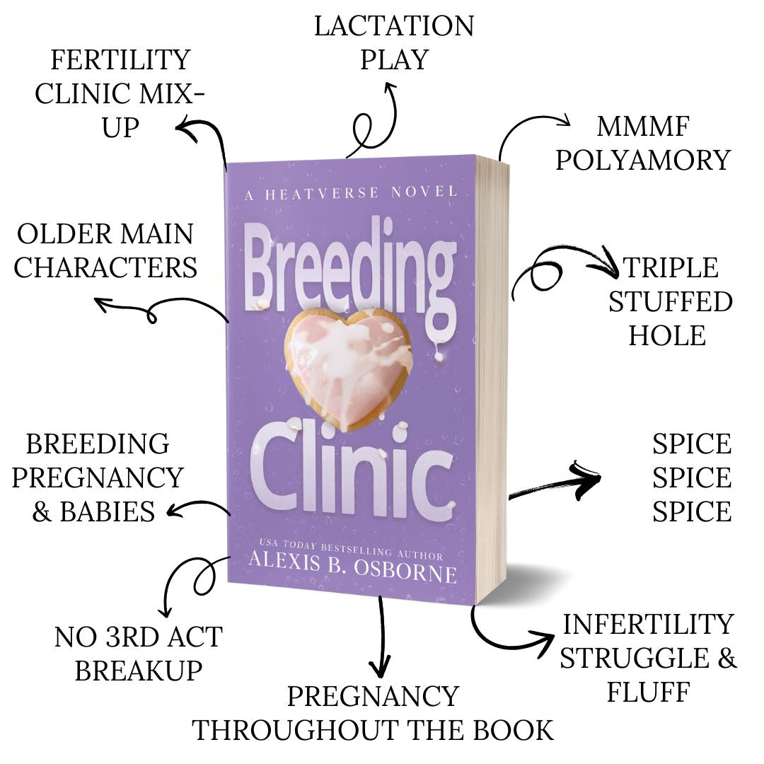 A trope tree graphic for breeding clinic that says: fertility clinic mix-up, lactation play, MMMF polyamory, older main characters, triple stuffed hole, breeding, pregnancy, and babies, spice, no third act breakup, pregnancy throughout the book, interfertility struggle and fluff.