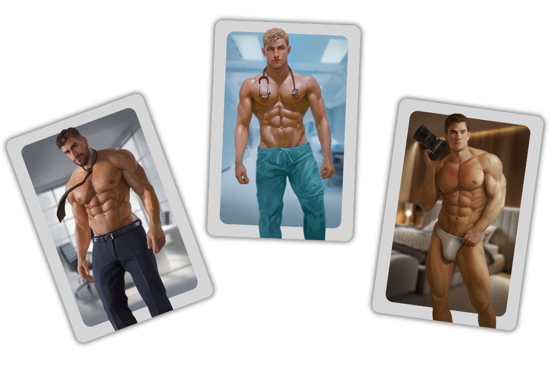 Three illustrated male character cards with rounded white borders, shown on a plain white background. Each card depicts a muscular shirtless man in different outfits and settings.