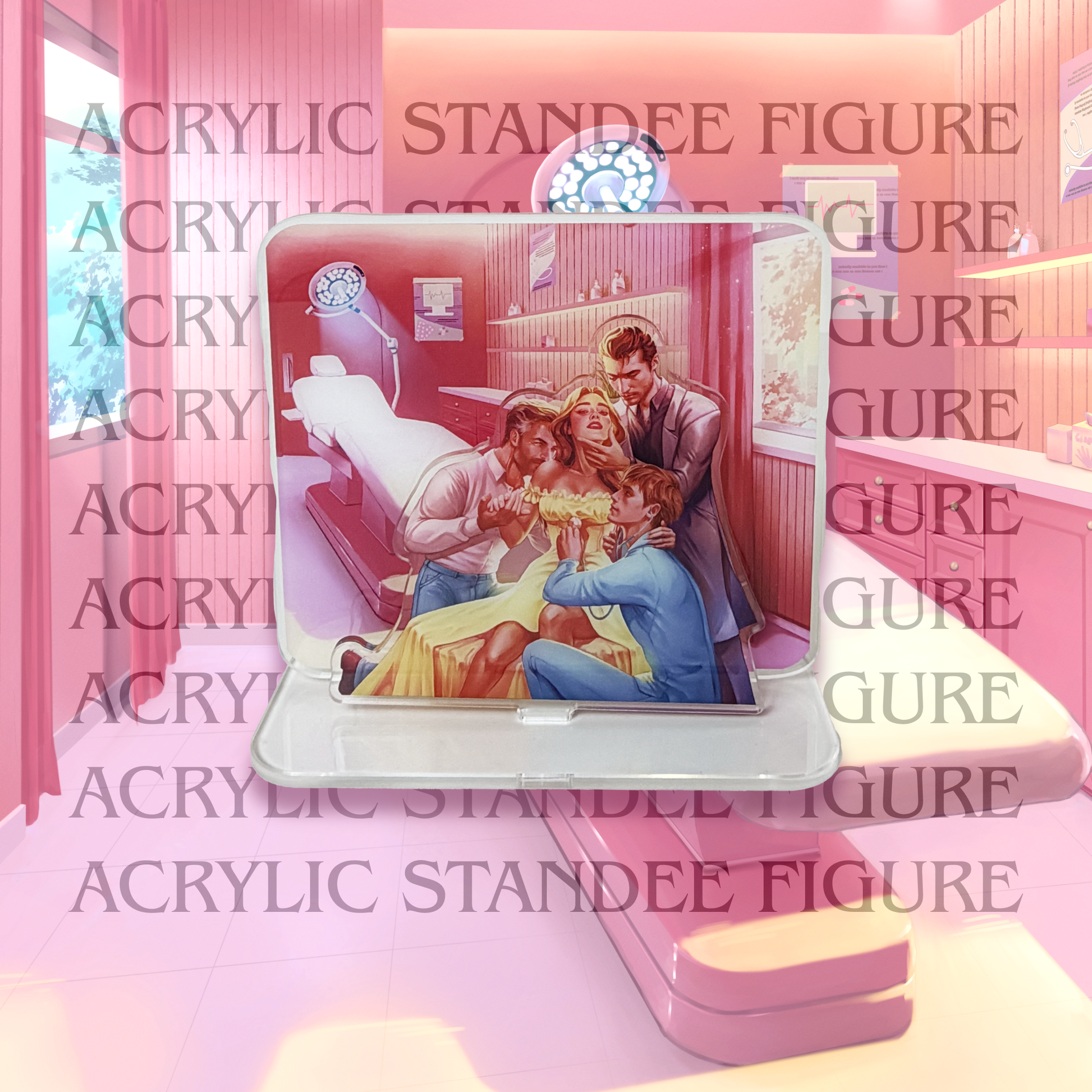 Acrylic standee figure of the Orello pack from Heat Clinic. Emily is wearing a yellow dress. Tom, Marcus, and Sam surround her. The background is a medical office with a padded chair and medical light.
