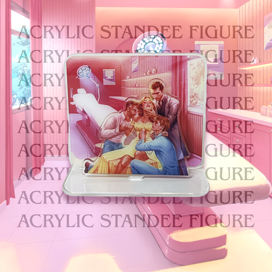 Acrylic standee figure of the Orello pack from Heat Clinic. Emily is wearing a yellow dress. Tom, Marcus, and Sam surround her. The background is a medical office with a padded chair and medical light.