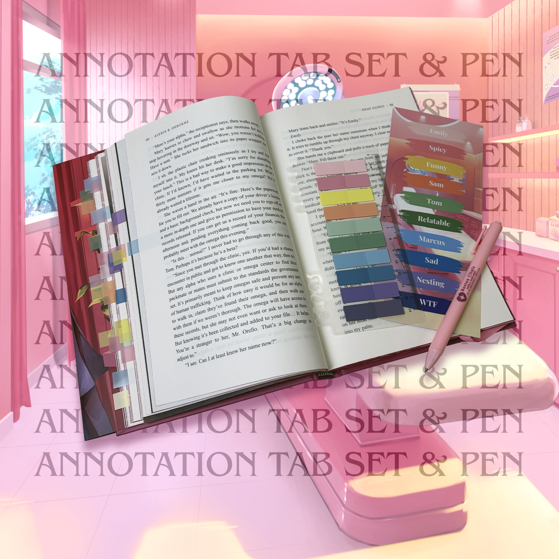 The annotation tab and pen set resting on top of the open book.