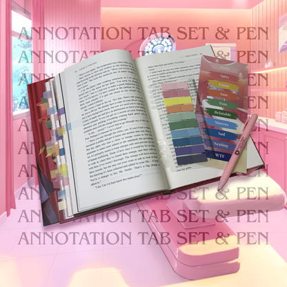 The annotation tab and pen set resting on top of the open book.
