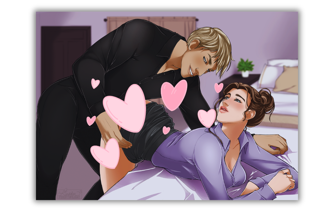 An illustrated bedroom scene showing a blonde man in a black outfit leaning over a woman in a purple shirt leaning over a bed
