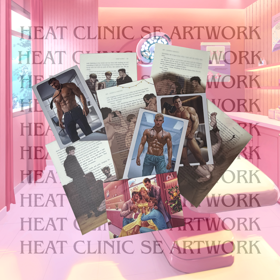Collage of the artwork included in this bundle including 3 double sided pin ups of Tom, Marcus, and Sam and 5 vellum page overlays of various scenes from Heat Clinic and a 5 by 7 inch print of the illustrated dust jacket.