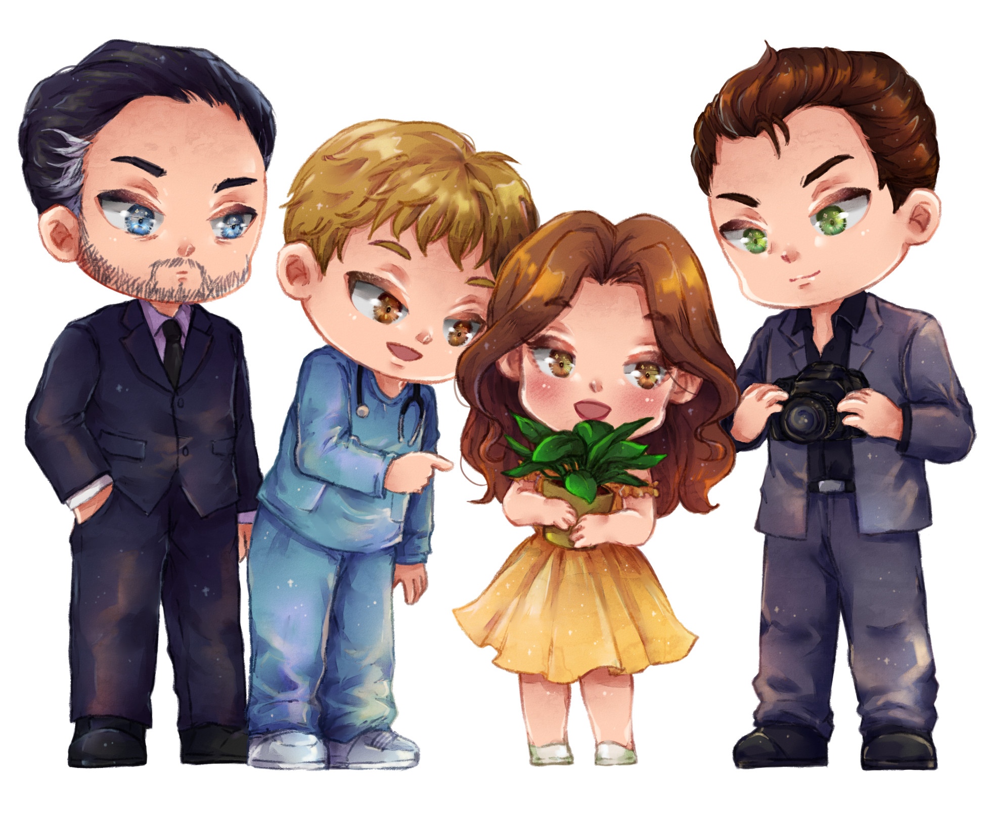 Chibi characters of the Orello pack. Marcus and Tom are wearing suits. Sam is dressed in blue scrubs. Emily is wearing a yellow dress and holding a potted plant.