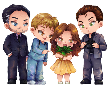Chibi characters of the Orello pack. Marcus and Tom are wearing suits. Sam is dressed in blue scrubs. Emily is wearing a yellow dress and holding a potted plant.