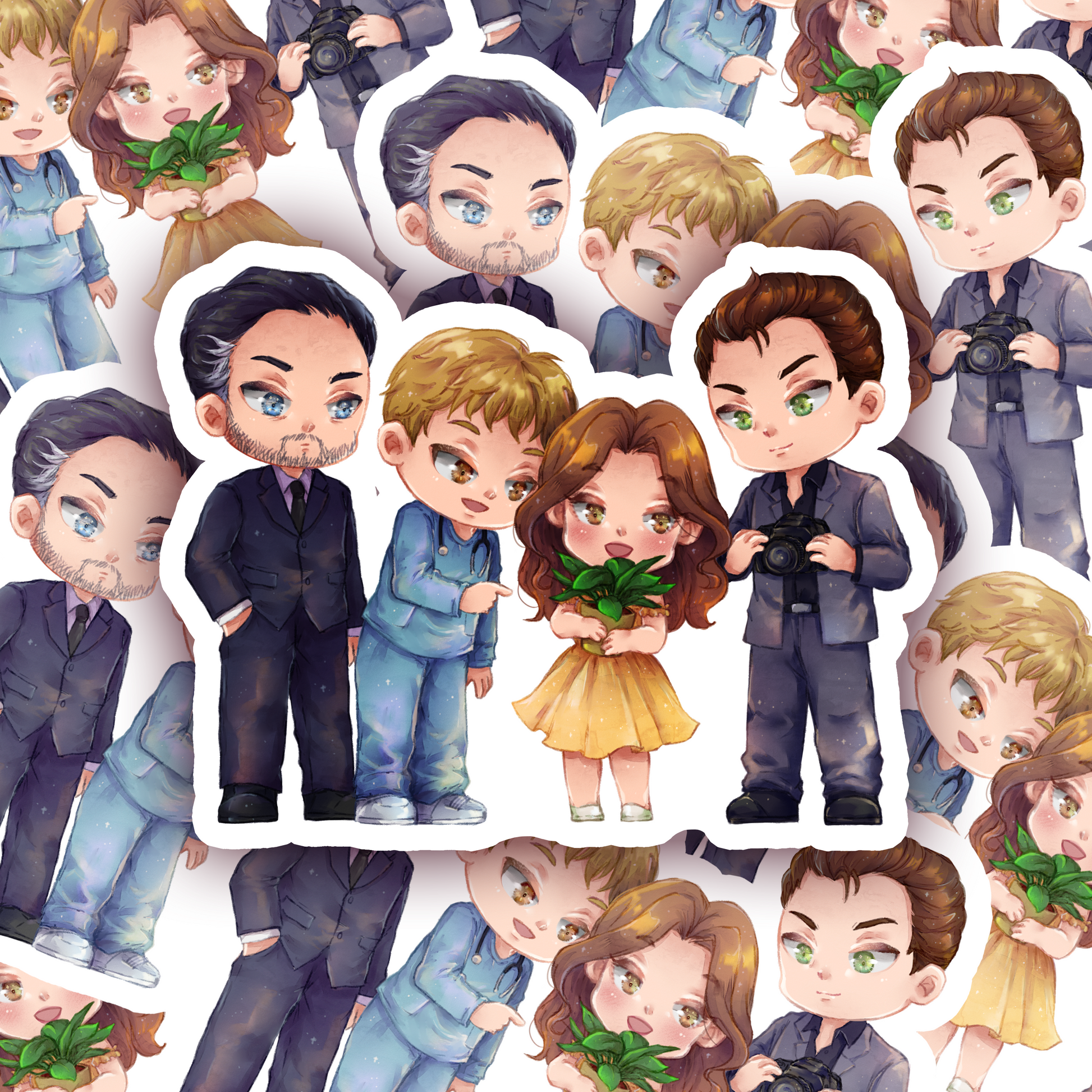 Vinyl sticker of the Orello pack as chibi characters set on a backdrop of more stickers