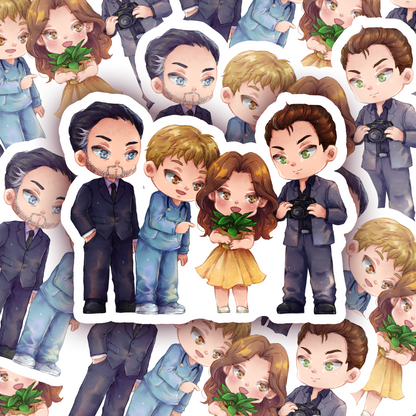 Vinyl sticker of the Orello pack as chibi characters set on a backdrop of more stickers