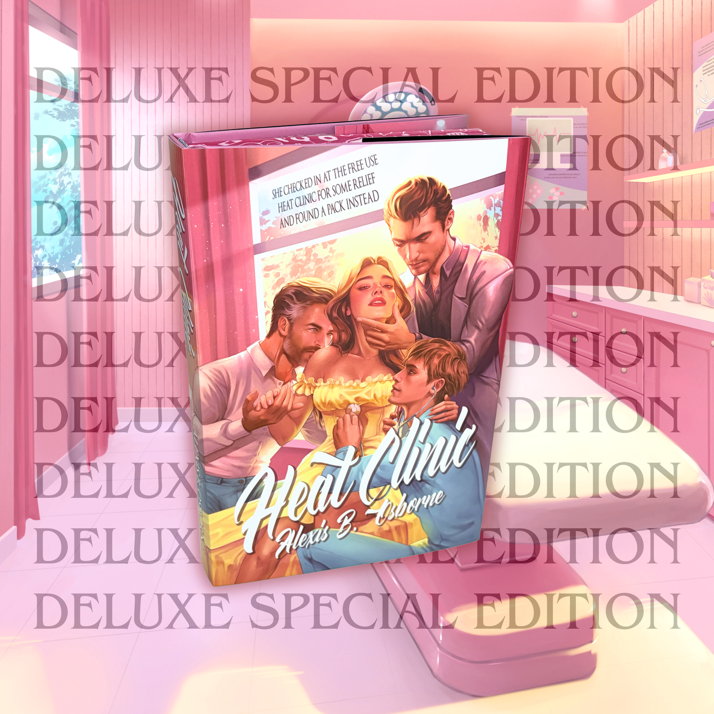 The deluxe hardcover book of Heat Clinic. Emily is wearing a yellow dress. Tom, Sam, and Marcus surround her. The book has pink printed edges with omegaverse and medical symbols.