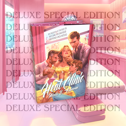The deluxe hardcover book of Heat Clinic. Emily is wearing a yellow dress. Tom, Sam, and Marcus surround her. The book has pink printed edges with omegaverse and medical symbols.