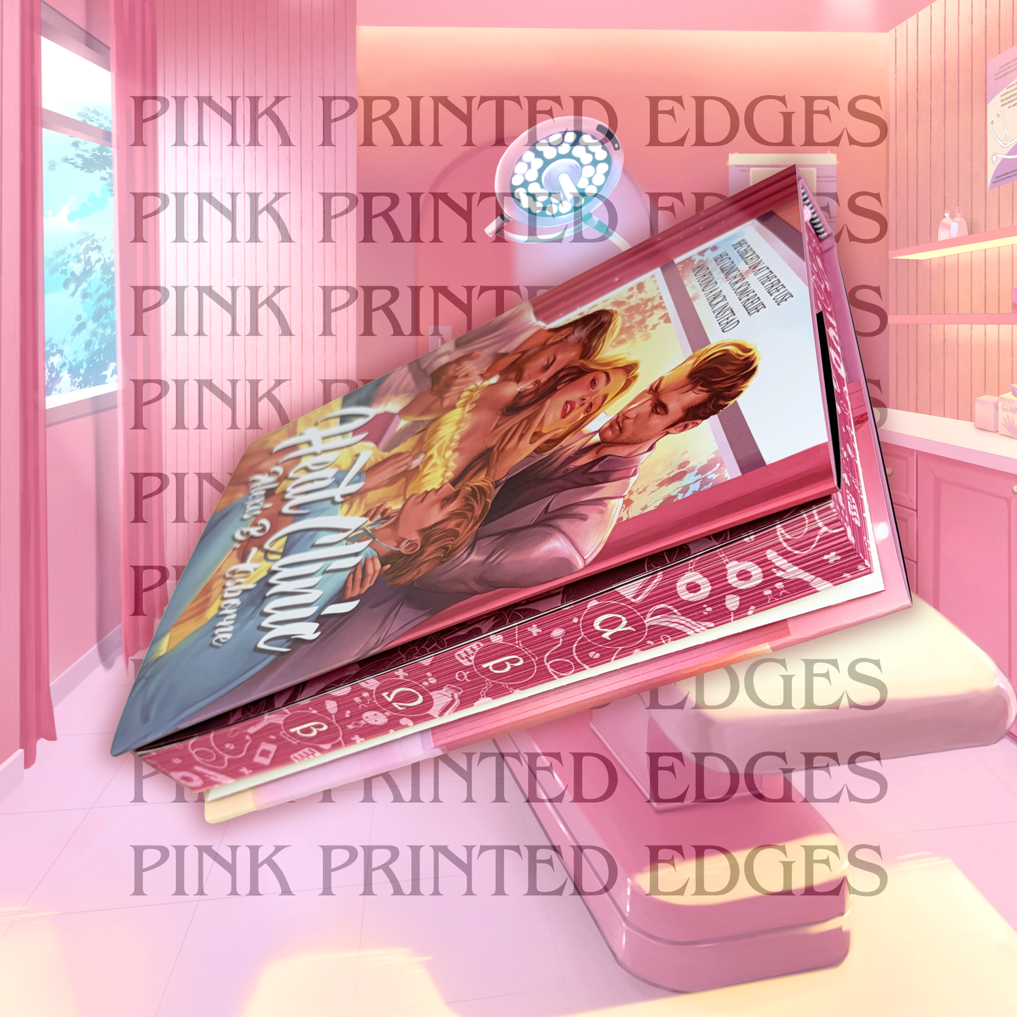 Heat Clinic book with pink printed edges and omegaverse symbols.