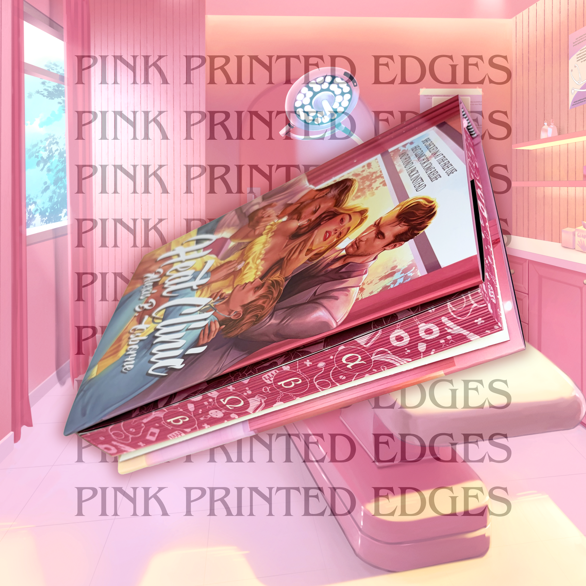 Heat Clinic book with pink printed edges and omegaverse symbols.