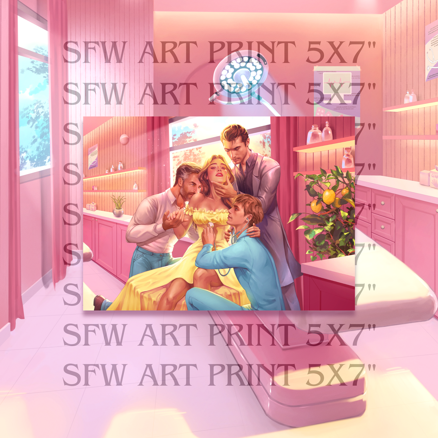 Illustration of the Orello pack from Heat Clinic. Emily is wearing a yellow dress and she is surrounded by Marcus, Tom, and Sam at the heat clinic.