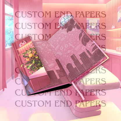 Heat Clinic book showing the custom printed end papers. The design is pink with a repeating pattern of omegaverse and medical symbols with an overlay of lemons and a city skyline. A pink ribbon bookmark is also visible.