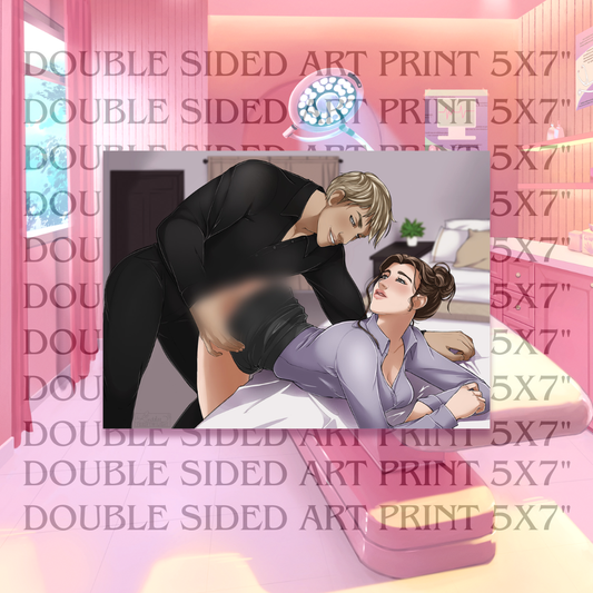 Art print of Sam and Emily from Heat Clinic. Emily is wearing a button up shirt and black skirt and is leaning over a bed while Sam leans over her. He's wearing a black button up and black pants. The background is a bedroom. This print is double sided.