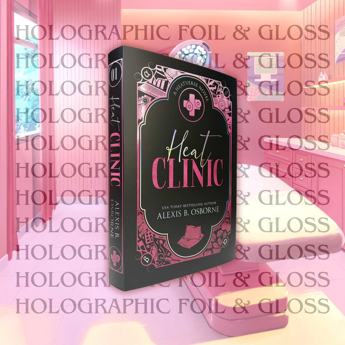 The discreet side of the dust jacket for Heat Clinic. The cover is black with a pink UV gloss decorative border with omegaverse symbols. The cover has holographic foiled areas of text.