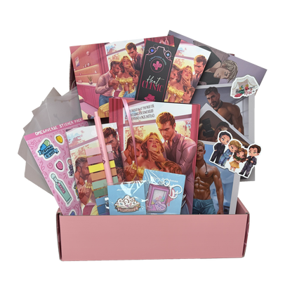 The book box contents exploding out of the pink mailer box. This book box includes the Heat Clinic special edition hardcover, enamel pin, acrylic shaker keychain, annotation tab set with pen, 2 vinyl stickers, vinyl sticker sheet, 5 vellum page overlay set, 2 bookmarks, set of 3 double sided pin up cards, and a double sided art print.