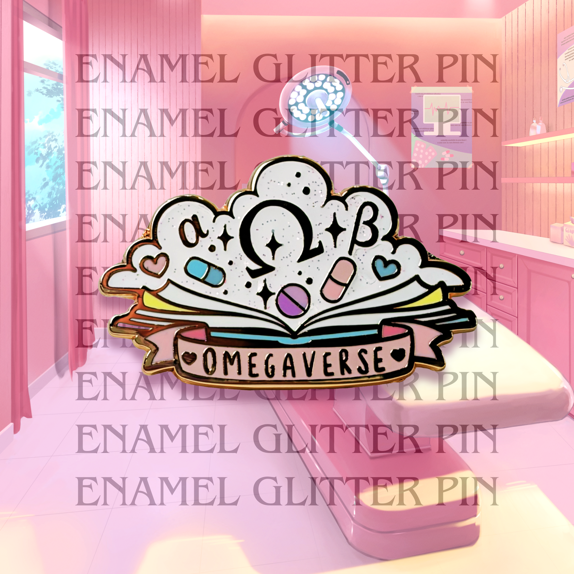 Enamel glitter pin with an open book a cloud of sparkles, alpha, beta, and omegaverse symbols and hearts and pills puffing up out of the pages. A pink banner underneath the open book says omegaverse with two little hearts beside the text.