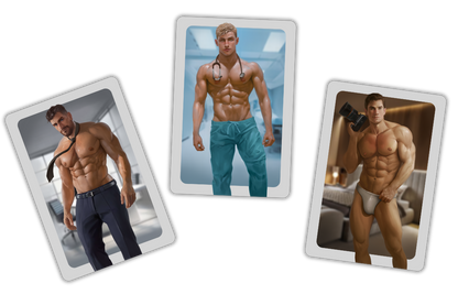 Three illustrated male character cards with rounded white borders, shown on a plain white background. Each card depicts a muscular shirtless man in different outfits and settings.