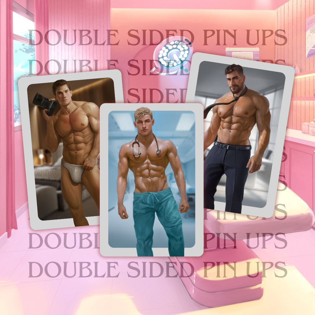 Double sided pin up cards of Tom, Sam, and Marcus from Heat Clinic. Tom is standing in a bedroom in white underwear holding a camera. Sam is wearing blue scrub pants and a stethoscope and standing in a doctor's office. Marcus is wearing business slacks and a tie and standing in an office.