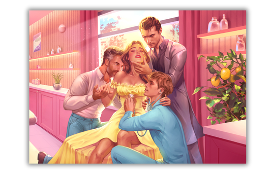 Anl illustration of four people in a brightly lit pink room. A woman in a yellow dress sits in the center while three men surround her.