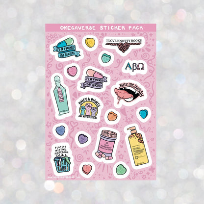 Multicolored pastel vinyl sticker sheet with 19 omegaverse themed stickers