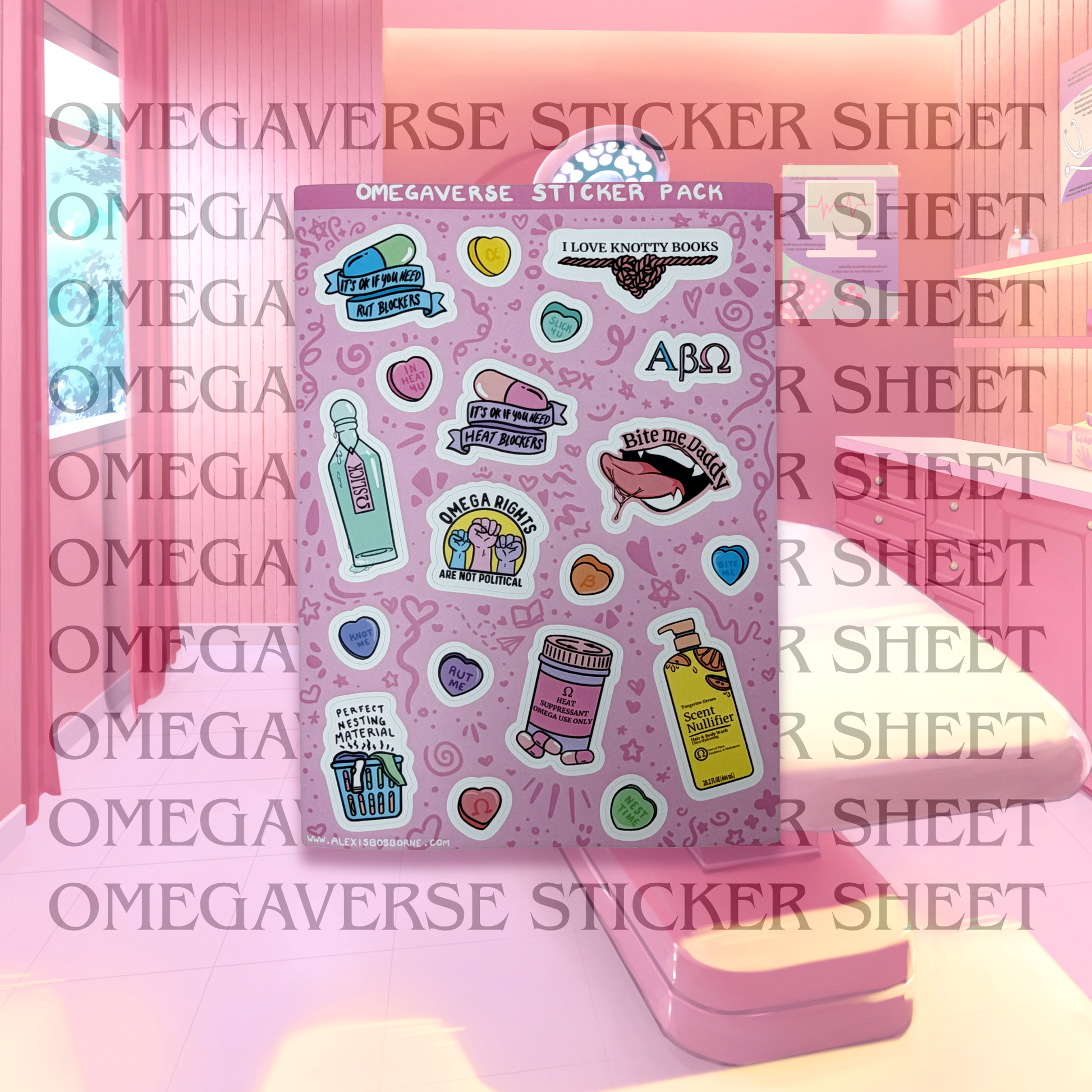Multicolored pastel vinyl sticker sheet with 19 omegaverse themed stickers