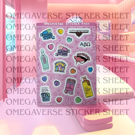Multicolored pastel vinyl sticker sheet with 19 omegaverse themed stickers