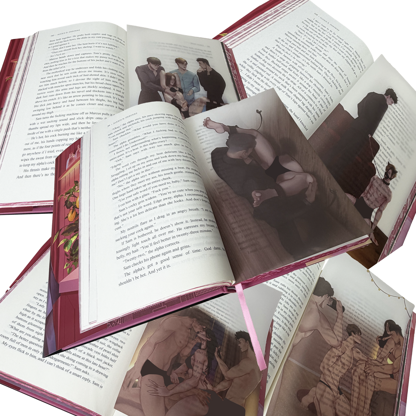 Collage of the book with the 5 printed vellum page overlays showing various scenes from Heat Clinic.