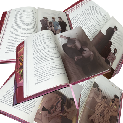 Collage of the book with the 5 printed vellum page overlays showing various scenes from Heat Clinic.