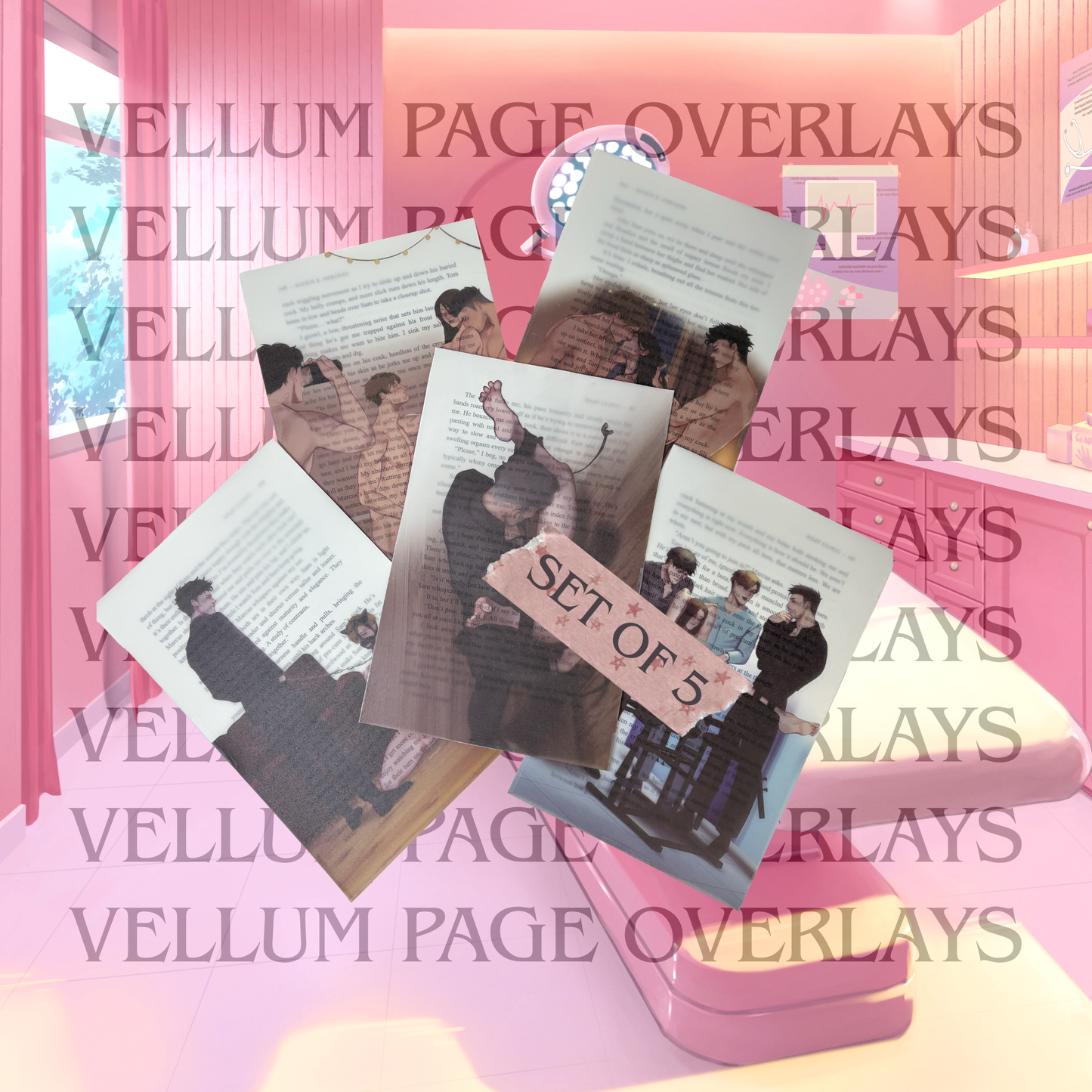 Set of 5 spicy vellum page overlays depicting various scenes from Heat Clinic. Sized to fit the special edition hardcover.
